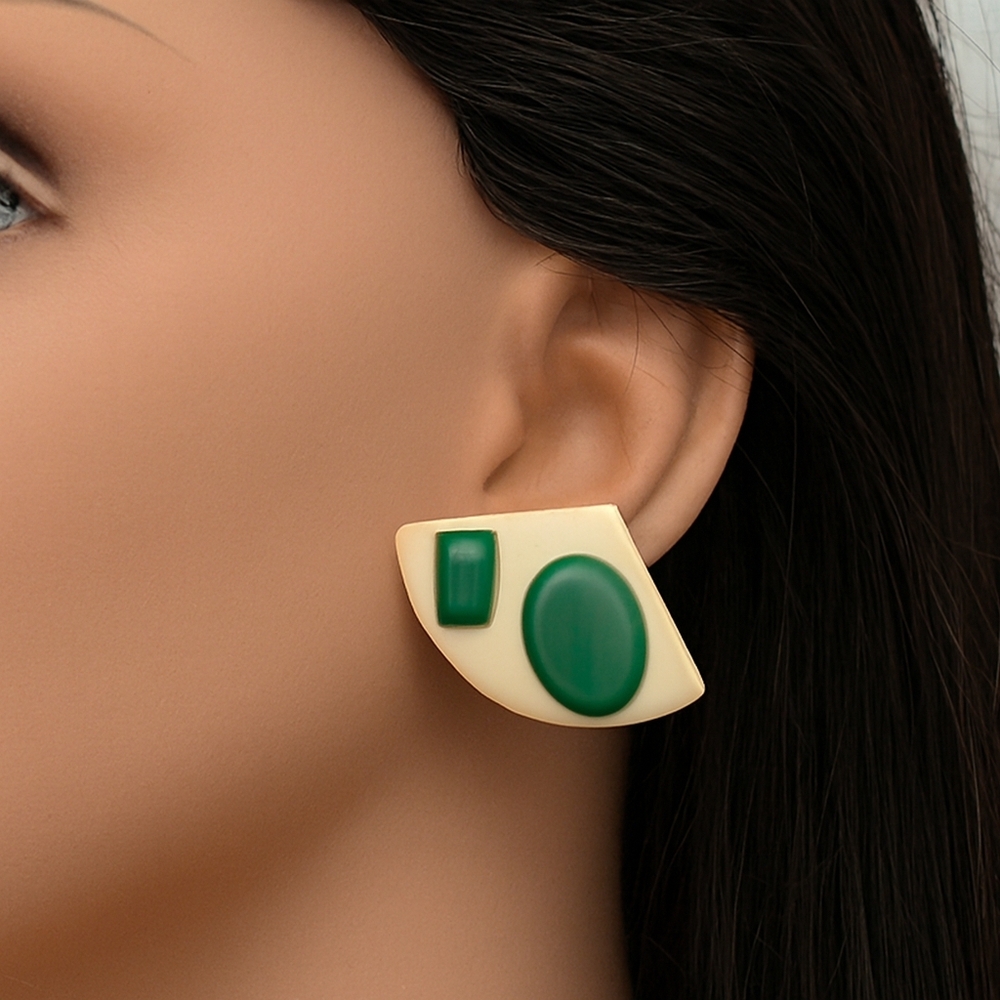 Geometric 1/4 Circle Earrings | Cream & Green, 1-Inch | Women’s Fashion Jewelry